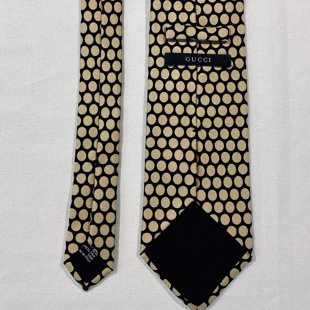 Gucci mens silk black and tan polkadot tie
